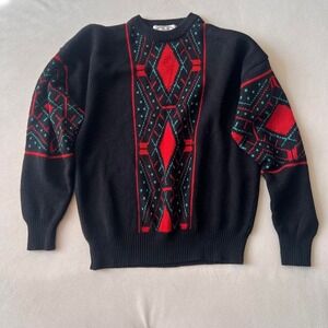 Vintage Sweater Summit County black red green acrylic wool sweater heavyweight